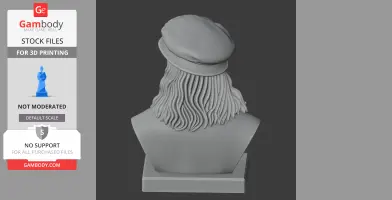 Rear view of a bust with long hair and a cap, displayed for 3D printing.