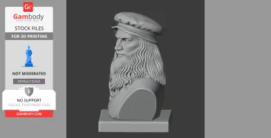 A detailed bust of Leonardo da Vinci with a cap and flowing beard, designed for 3D printing.