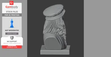 3D model of a bust featuring a figure with long hair and a cap, viewed from the side.