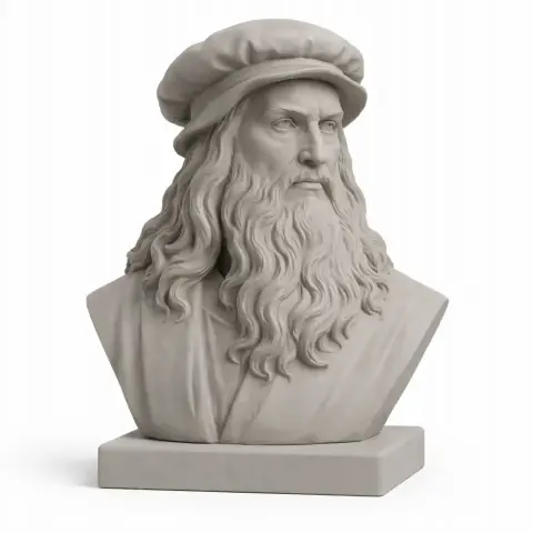 Bust of a bearded man with a hat, representing a historical figure, on a square base.