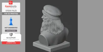 3D printed bust of Leonardo da Vinci, featuring long hair and a cap, on a square base.