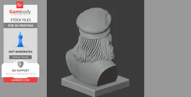3D printable bust of a bearded figure in a cap, viewed from behind on a square base.