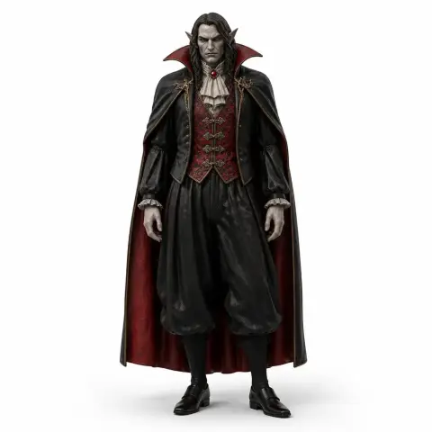 Vampire character in ornate attire with a red vest, cape, and long trousers, ready for 3D printing.