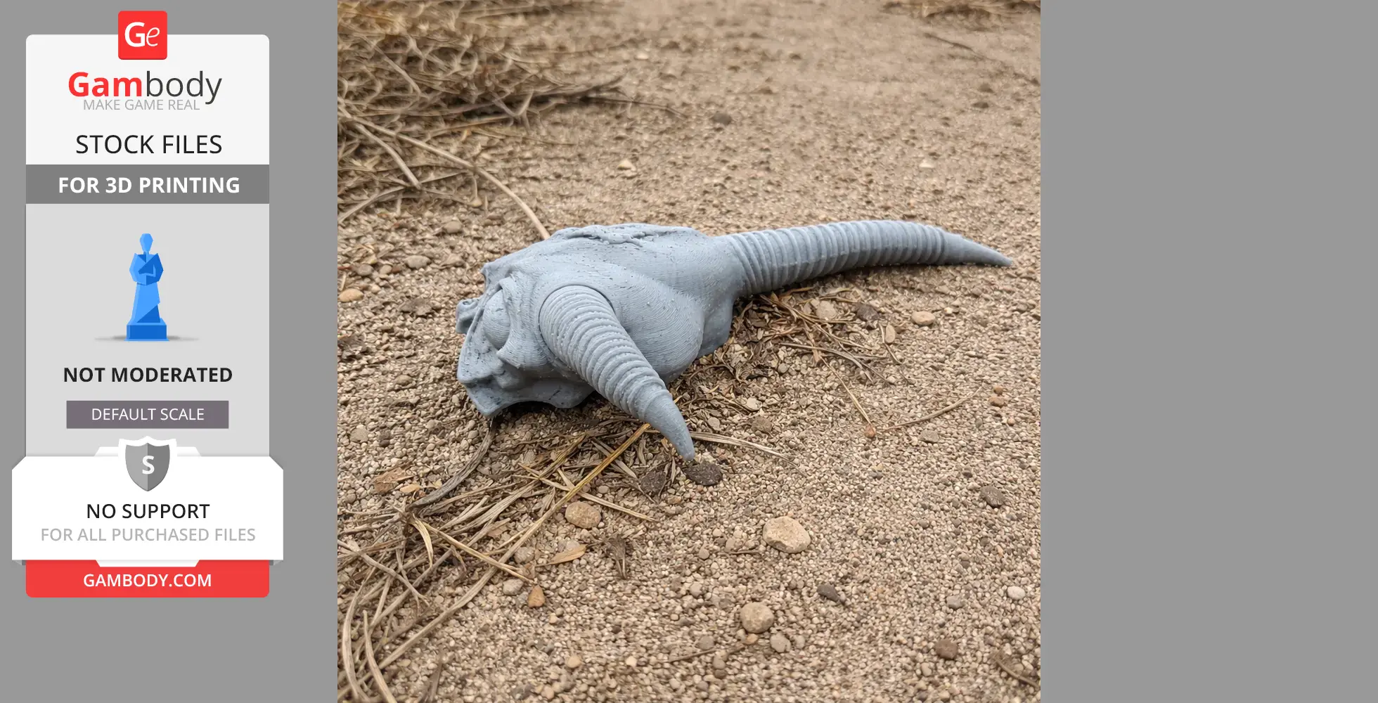 3D-printed gazelle skull replica with long, curved horns set on a rough, sandy surface.