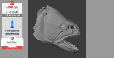 A 3D model of a detailed giant characin fish skull, showing sharp teeth and intricate bone structure.