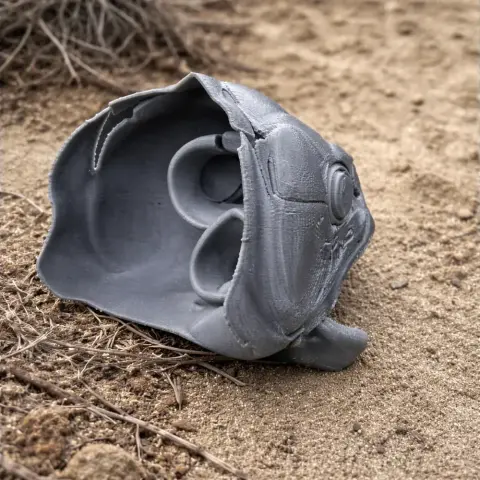3D printed giant characin fish skull replica resting on sandy ground.