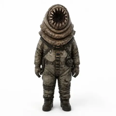 A humanoid figure with a worm-like head, spiral design, wearing a weathered spacesuit.