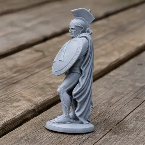 Ancient warrior figurine with helmet, shield, and cape, in a standing pose on wooden surface.