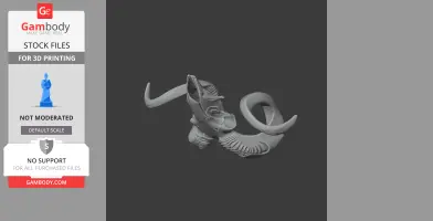 A detailed 3D model of a goat skull with large, curved horns, designed for 3D printing.