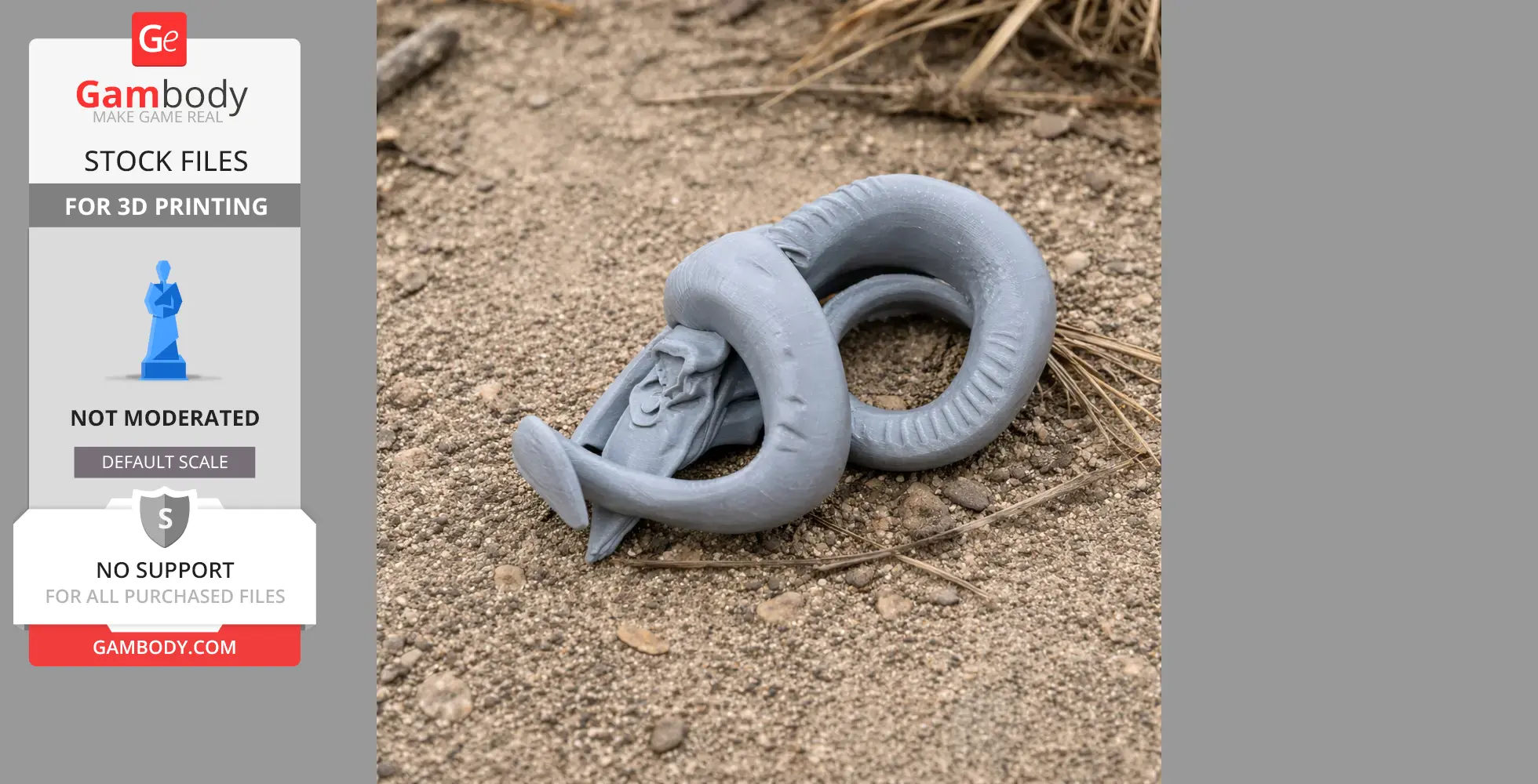 A 3D-printed goat skull model with intricate curved horns, resting on a sandy surface.