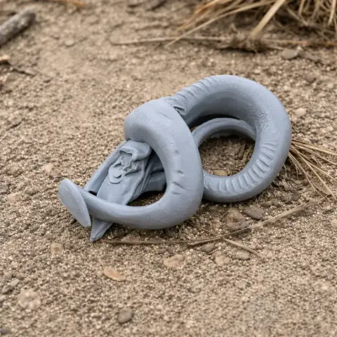 A 3D printed goat skull replica with twisted, curved horns, placed on sandy ground.