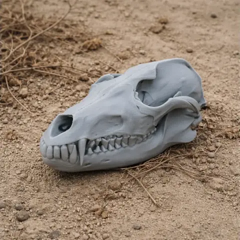 A detailed 3D-printed golden jackal skull replica displayed on a sandy surface.