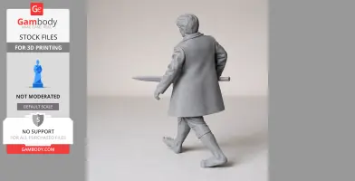 A 3D-printed figure of a character with a sword and long coat, walking barefoot.