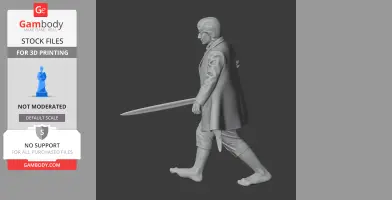 Character figure holding a sword, wearing a coat and trousers, barefoot, walking. Ready for 3D printing.