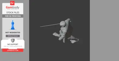 3D model of a cloaked character in motion, holding a sword, ready for 3D printing.