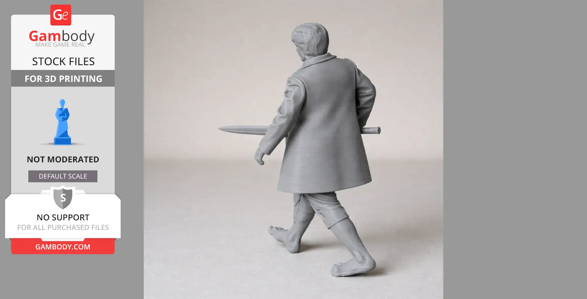 A 3D-printed figure of a character with a sword and long coat, walking barefoot.