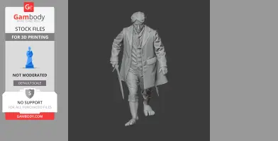 A detailed 3D printed figure of a character in a coat holding a short sword, walking barefoot.