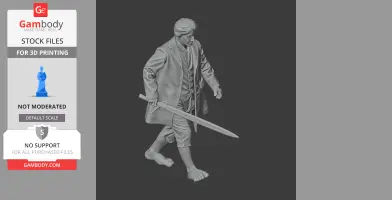 A 3D model of a character in a coat holding a sword, suitable for 3D printing.