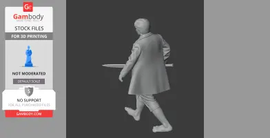 3D model of a barefoot character with a sword, wearing a cloak, walking forward.