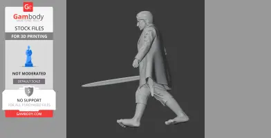 A 3D model of a character with a sword, wearing a coat and cropped pants, designed for printing.