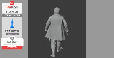 3D model of a character in a coat walking away, holding a sword, viewed from the back.