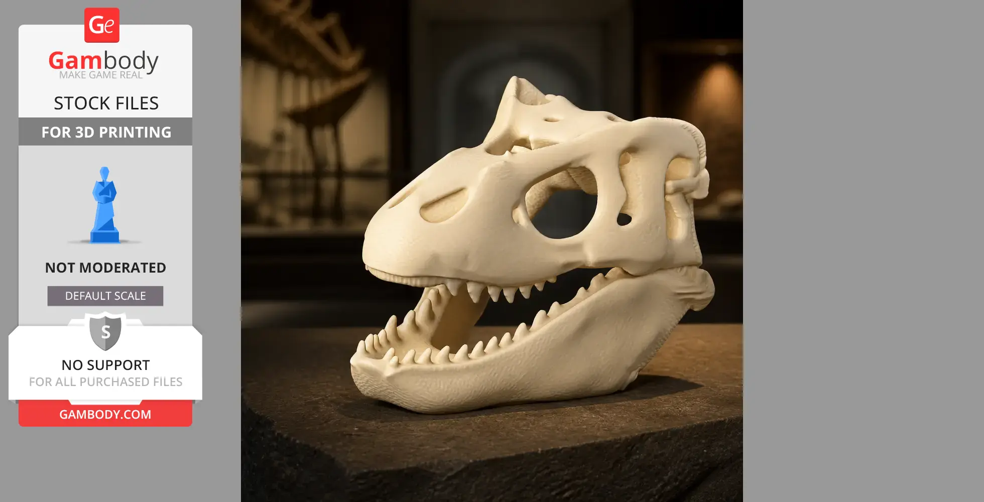 3D-printed Gongxianosaurus skull replica displayed on a dark stone surface.