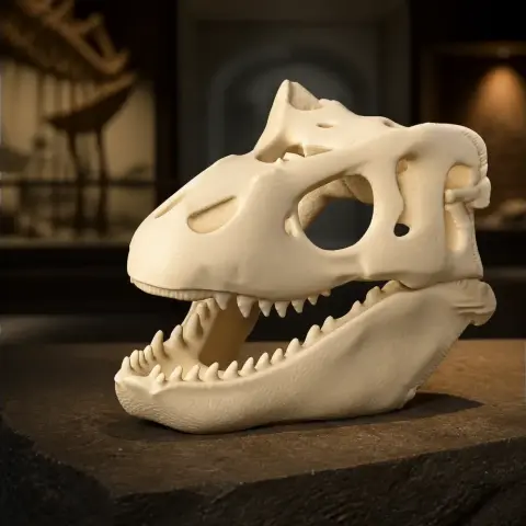 3D printed Gongxianosaurus fossil skull replica with open jaws on display.