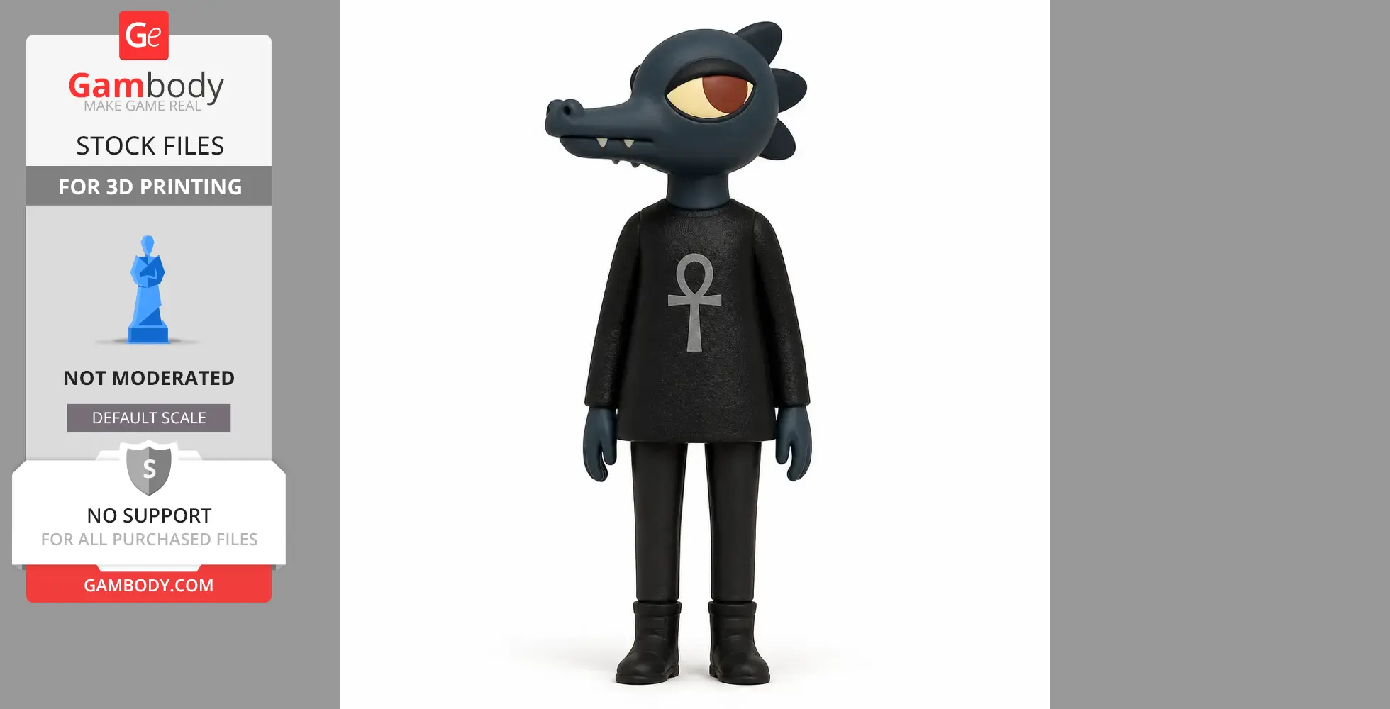 Anthropomorphic crocodile figurine with an ankh symbol on its shirt, designed for 3D printing.