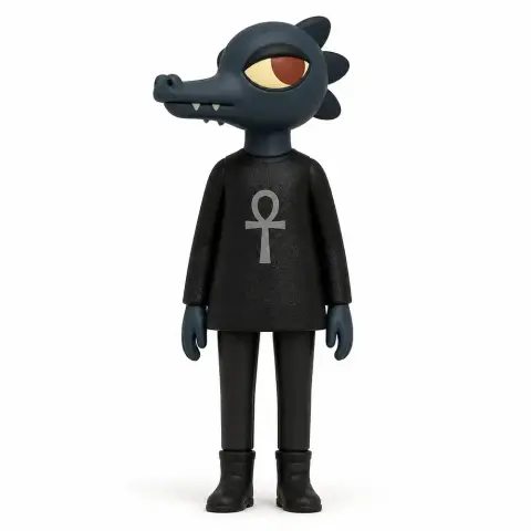 Anthropomorphic blue crocodile character in black with an Ankh symbol on the shirt.