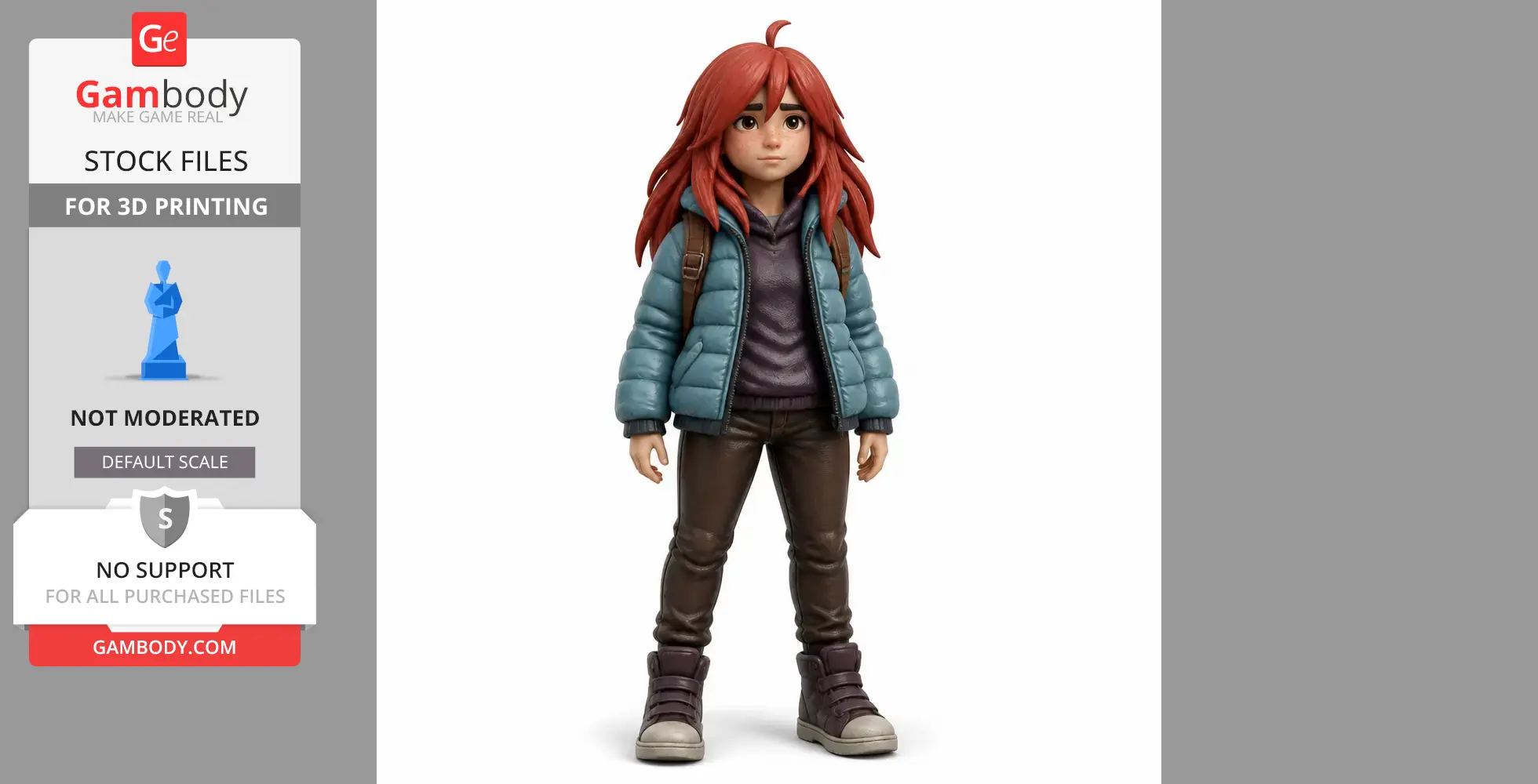 3D figurine of a character with red hair, wearing a blue jacket, brown pants, and sneakers.