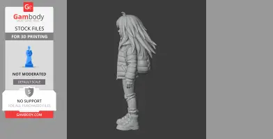 3D model of a character with long hair and a backpack, ready for 3D printing.