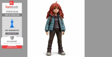 3D figurine of a character with red hair, wearing a blue jacket, brown pants, and sneakers.
