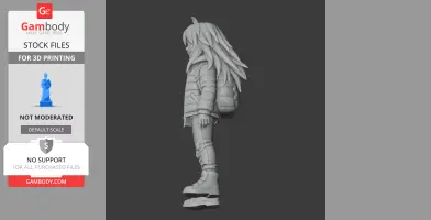 A 3D model of a character with long hair, wearing a puffy jacket and boots, viewed from the side.