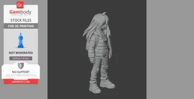 3D model of a character with long hair, wearing a puffy jacket, pants, and boots, designed for printing.