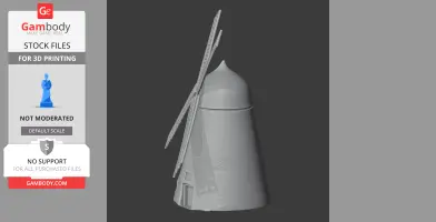 A 3D model of a textured windmill with four large blades and a conical roof, designed for 3D printing.