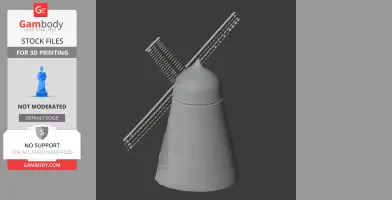 3D printable model of a simple windmill with conical base and four-blade sails.