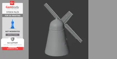 3D model of a traditional windmill with a conical tower and large rotating blades.