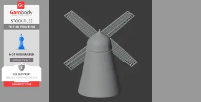 3D printable model of a windmill with four blades and a conical base.