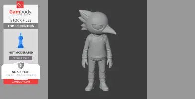 3D model of a bird-like character with big eyes and beak, wearing a shirt and pants.