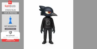 Anthropomorphic bird figurine with large eyes and a beak, wearing black clothing with a circle symbol.