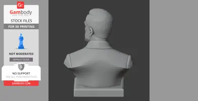 A 3D model of a bust viewed from the back, featuring detailed hair and a collared coat on a rectangular base.