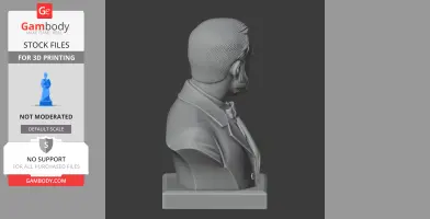 3D printed bust of a man with short hair, beard, and a formal jacket, viewed from the side.