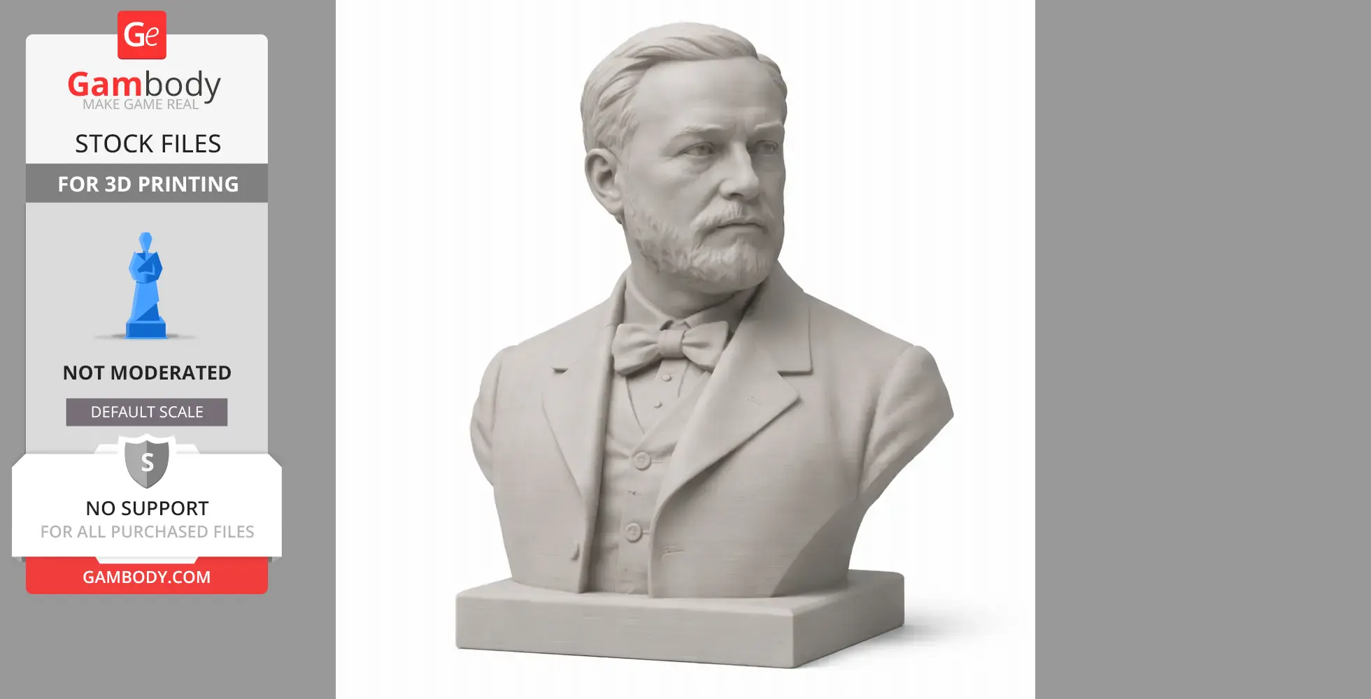 A detailed bust of a man in formal attire with a bow tie, featuring a beard and styled hair, on a base.