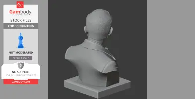 A 3D-printed bust of a man in a suit on a square base, viewed from the back.