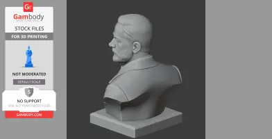 3D model of a bust showing a man in profile, with detailed hair and beard, on a square base.