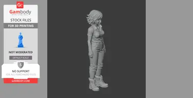 A standing 3D figurine of a woman with short hair, wearing cuffed pants and boots.