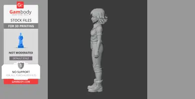 3D model of a character with short hair, wearing rolled-up pants and boots, in profile view.