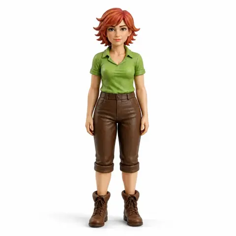 Female figurine with short red hair, green shirt, brown pants, and boots, standing upright.