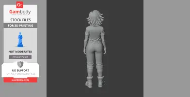 3D model of a character with layered hair, in boots and belted pants, facing away from the viewer.