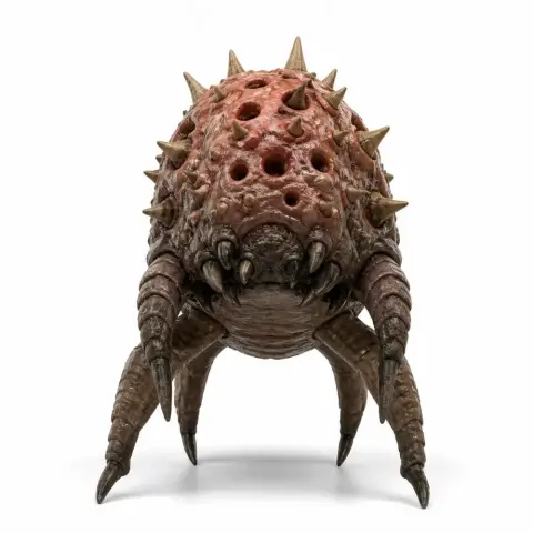Alien creature with spiked shell, multiple legs, and large claws, resembling a beetle or crab.